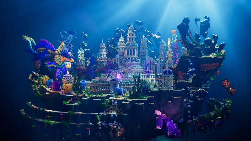 Atlantis Kingdom, white temples and coral reefs on the ocean floor